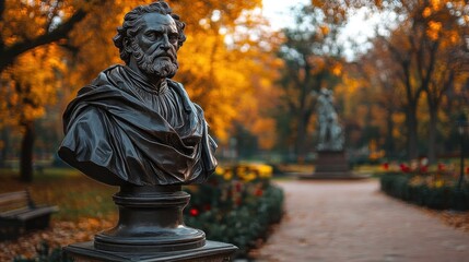 Fototapeta premium Bronze bust in autumn park, historical figure, pathway, fall foliage