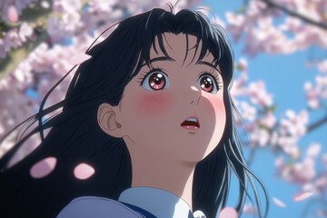 Teenage girl gazing upward at blossoms in spring.