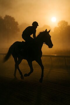 Majestic Silhouette of Jockey and Horse at Sunrise on a Race Track