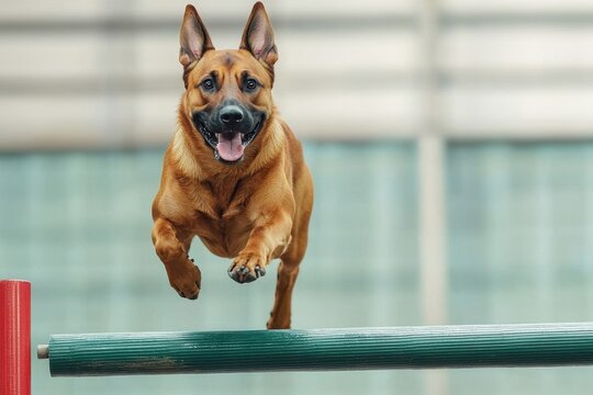 Dog breeds that are protective. Energetic dog leaping over an obstacle in an agility course.