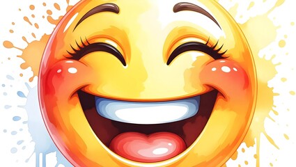 A vibrant, cartoon emoji face with a wide, happy smile and expressive eyes, set against a backdrop of colorful watercolor splatter.