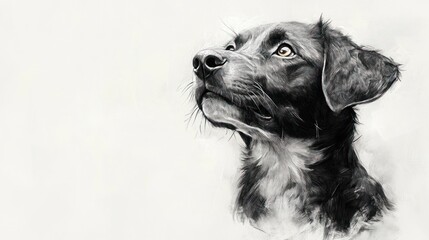 Black and white dog portrait, looking upwards, blank background, artistic rendering