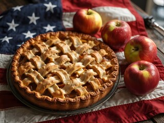 Delicious Homemade Apple Pie with Fresh Apples on American Flag