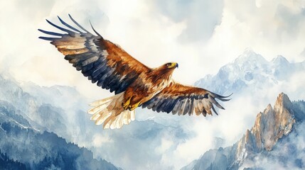 Obraz premium A majestic eagle soars above misty mountain peaks in a watercolor painting, capturing the freedom and beauty of nature.