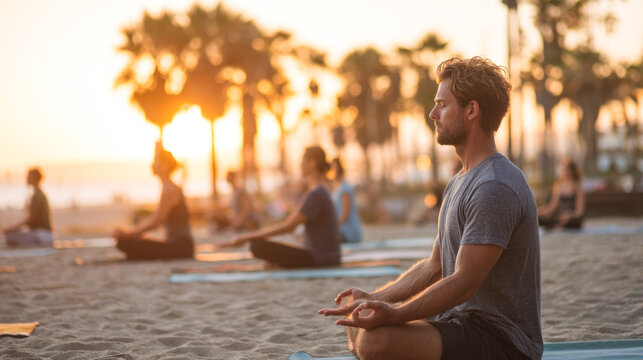 Young caucasian male practicing yoga on beach at sunset with diverse group in background