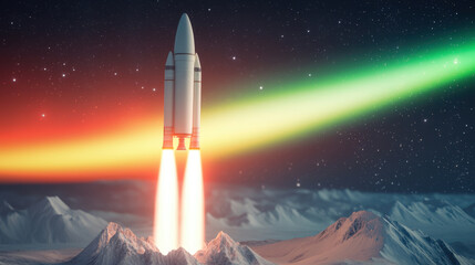 Obraz premium 3D Rendering Rocket launch Concept, Rocket Rising Above the Arctic Tundra Under Vibrant Aurora Lights in a Stellar Night Sky