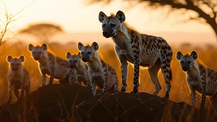 A captivating image of a group of spotted hyenas silhouetted against a warm golden sunrise in the African savanna.