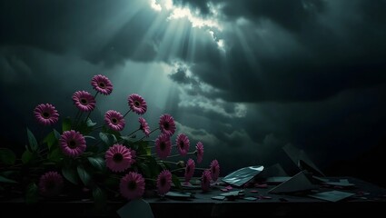 Fototapeta premium A still life composition featuring a bouquet of vibrant pink gerbera daisies against a backdrop of a dramatic, stormy sky with sunlight piercing through the clouds.