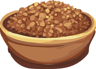 This illustration features a wooden bowl filled with jaggery granules, a traditional unrefined sugar used in South Asian and African cuisines.