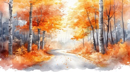 Naklejka premium A winding road passes through a serene autumn forest with vibrant orange and yellow foliage, painted in a watercolor style.