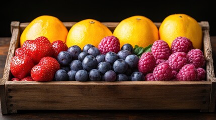 A vibrant assortment of fresh strawberries, blueberries, raspberries, and lemons arranged in a wooden crate