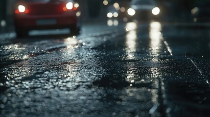 Wet pavement reflecting city lights at night.