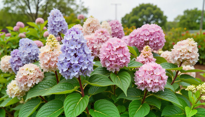 Colorful hydrangea flowers blooming in a garden  