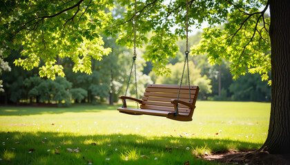 Fototapeta premium Wooden swing hanging under a tree in a sunny park 