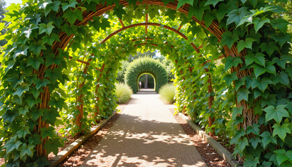 Fototapeta premium Lush green arches framing a path in a serene garden 