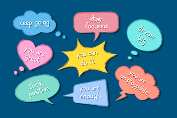 Doodle grunge comic speech bubbles, inspirational phrases for teenagers. Social media, diary sticker