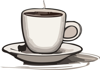 A stylized illustration of a steaming cup of coffee on a saucer, rendered in soft beige and brown tones with bold outlines, giving it a warm and cozy appearance.