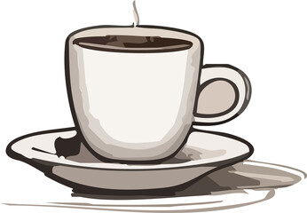 A stylized illustration of a steaming cup of coffee on a saucer, rendered in soft beige and brown tones with bold outlines, giving it a warm and cozy appearance.