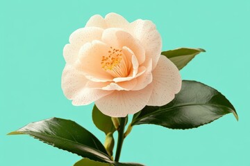 Close-up view of a delicate peach-colored camellia flower.