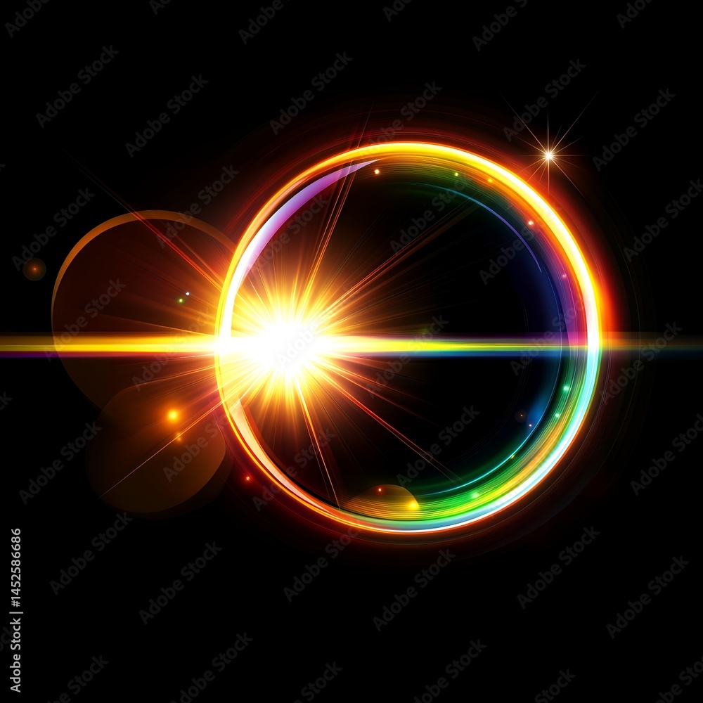 Poster bright colorful light ring abstract background design featuring a glowing starburst explosion and ra
