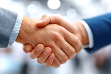 Close-up of businesspeople shaking hands in agreement.