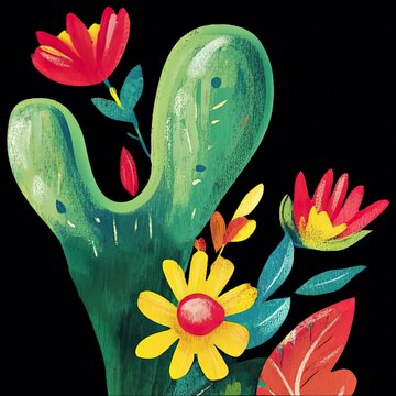 Decorative Cartoon Cactus Arrangement with Flowers and Leaves