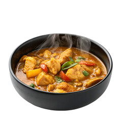 Chicken curry on black bowl top view isolated on white background