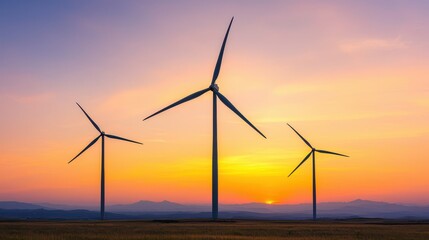 Fototapeta premium Wind Turbines Against a Colorful Sunset in a Beautiful Landscape
