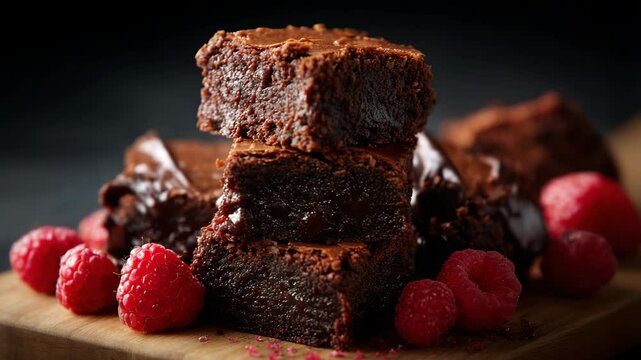 Three stacked chocolate brownies and fresh raspberries on a wooden cutting board against a dark background, delicious dessert.