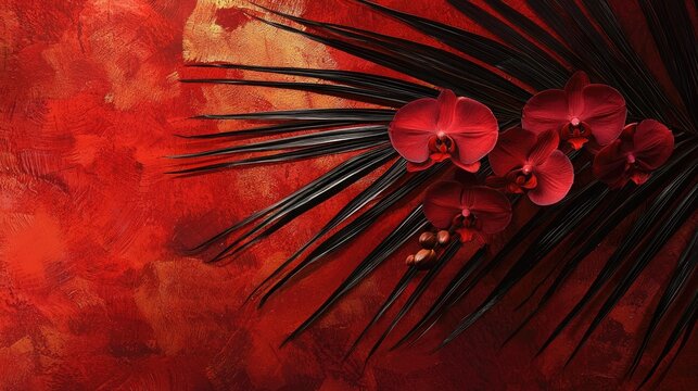 Close-up view of dark leaves and vibrant red orchids.