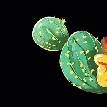 Cute Cartoon Cactus with Red Flowers and Textured Surface on Black