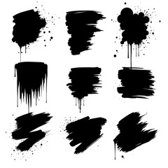 Messy black paint set isolated, vector ink brush strokes stock illustration, grungy lines and splatters with natural flow