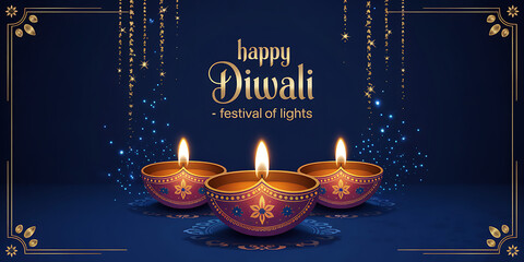 Diwali Festival Banner Featuring Glowing Traditional Diyas on Deep Blue Background Sparkling Gold Blue Light Particles Perfect for Festive Greetings Digital Invitations and Holiday Promotional Designs
