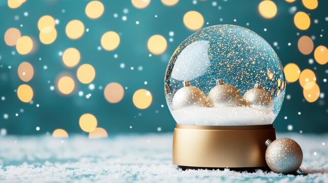 Futuristic snow globe with holographic ornaments shimmering lights ethereal ambiance high-angle view modern holiday setting