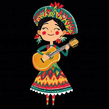 Mexican Girl in Traditional Dress Playing Guitar Illustration