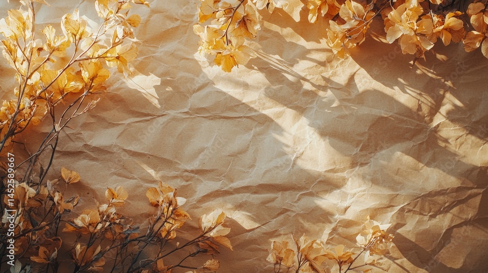 Poster bright sunlight casts soft shadows on a textured, crumpled paper surface adorned with delicate yello