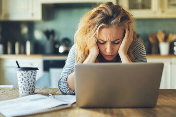 Fototapeta premium Woman sitting at table, focused on laptop, glances at phone.