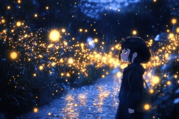 A girl gazes at bioluminescent fireflies on a rainy night.