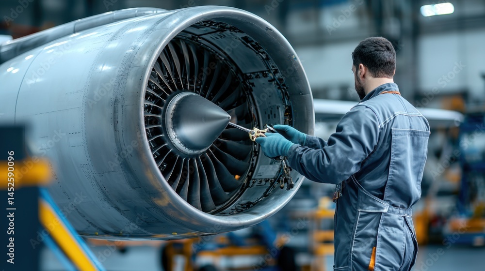 Poster airplane inspection worker concept, mechanic in jumpsuit working on open airplane engine with tools 