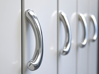 Close-up of several modern, smooth, chrome cabinet handles on white cabinets