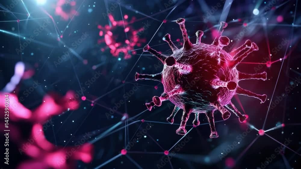 Poster close-up visualization of a virus structure with vibrant colors and complex background patterns