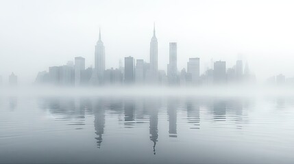 Obraz premium Foggy cityscape mirrored in water; skyscrapers stand tall