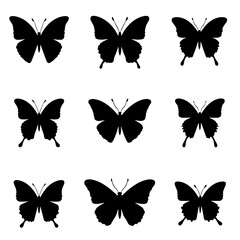Set of black silhouettes of butterflies on white background