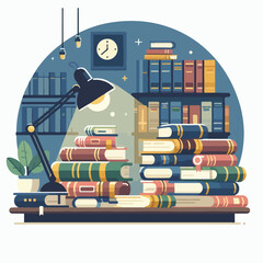 Cartoon illustration of a library with various books