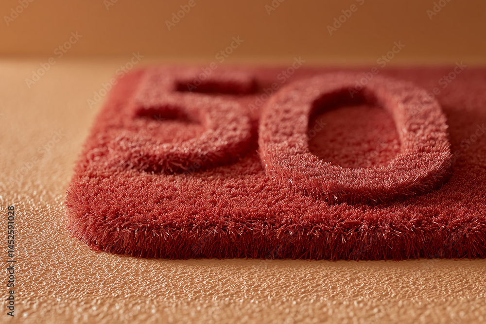 Poster red shaggy rug with numbers 50 subtly embedded, showcasing texture and free space for text or design