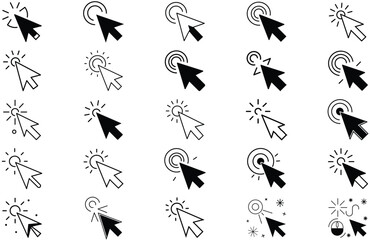 "Vector Cursor Icon Collection &ndash; Black Silhouette and Line Art Set Featuring Arrow Pointers, Hand Click Icons, and Computer Mouse Symbols. Isolated Digital UI Elements Perfect for Web Design, Apps, In
