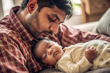 South asian infant bonding with parent on chest at home lifestyle photography warm and intimate environment close-up view