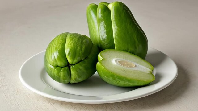 Three green chayote squashes on a white plate