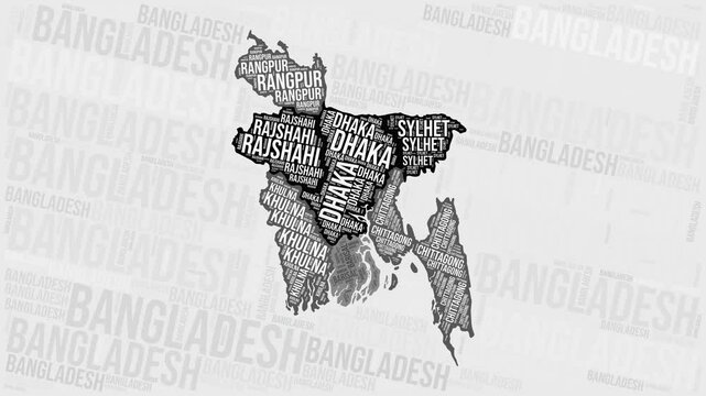 Bangladesh Animation. Visual effect of Bangladesh regions appearing in black and white word clouds style. Country intro video. Vibrant Animated Motion Graphics.