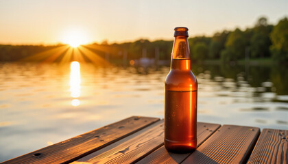Beer bottle resting on wooden dock against sunset over lake  